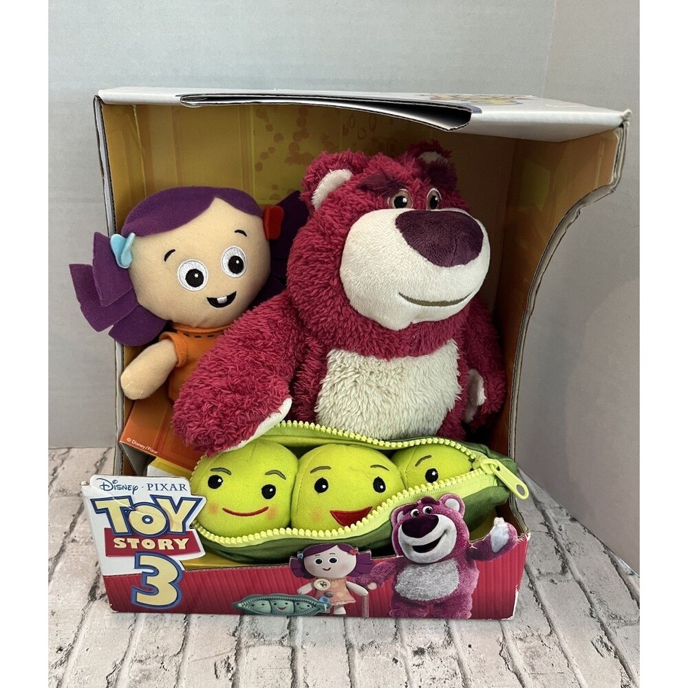 RARE Disney Pixar Toy Story 3 Plush Set Lotso, Dolly & Peas-in-a-Pod (2010) Box